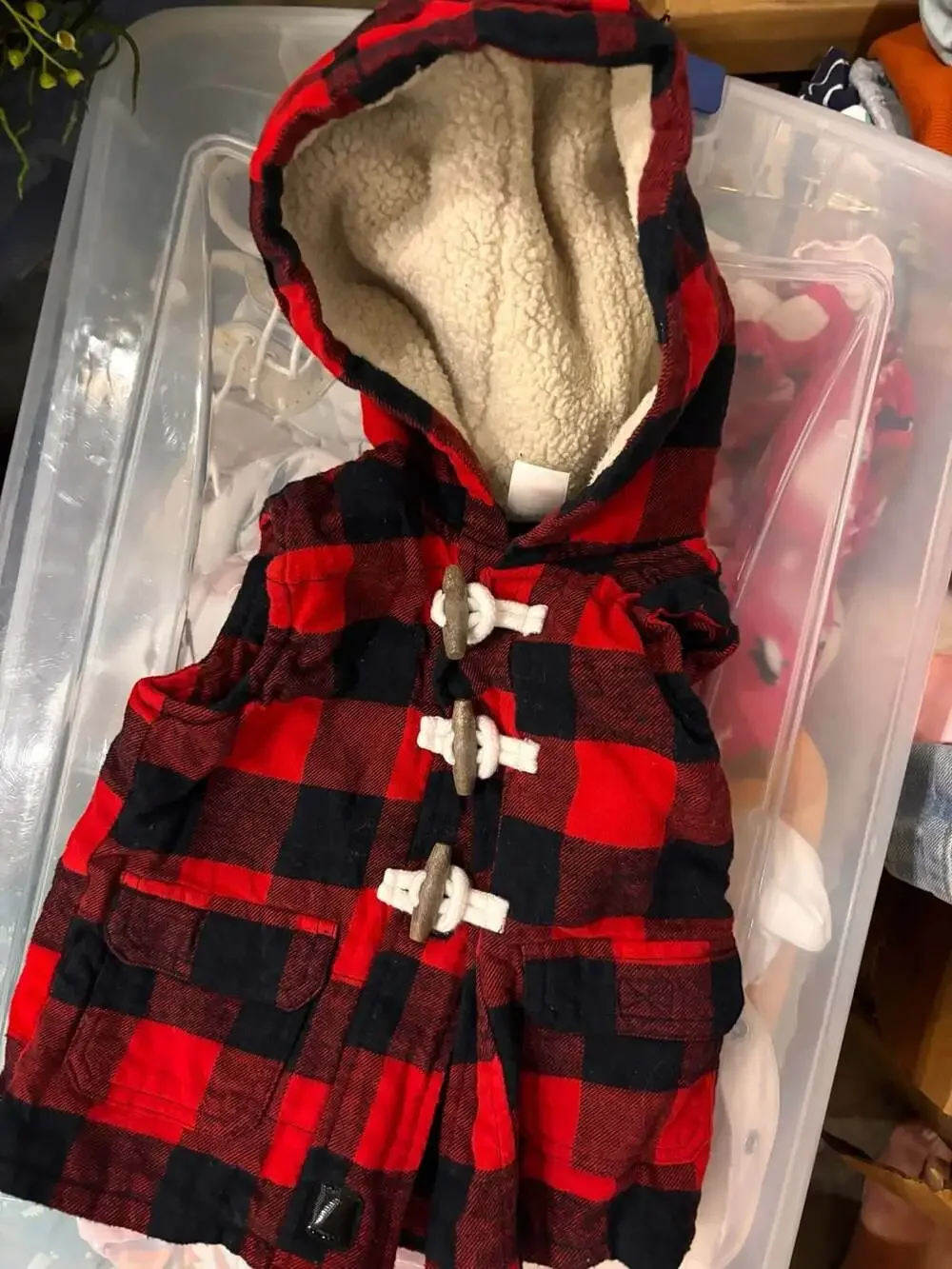 NWT 3 MO.CARTER'S BOY'S RED & BLACK CHECKED PUFFER VEST WITH HOODIE